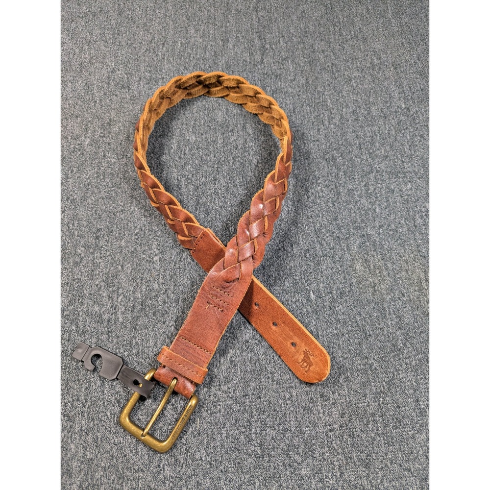 Abercrombie & Fitch Brown Braided Leather Belt Brass Buckle Moose Logo Small